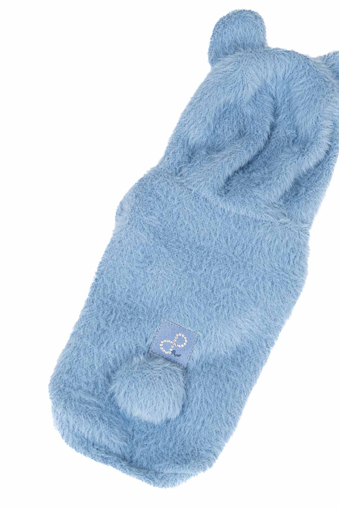 Blue plush toy with bear ears on a white background