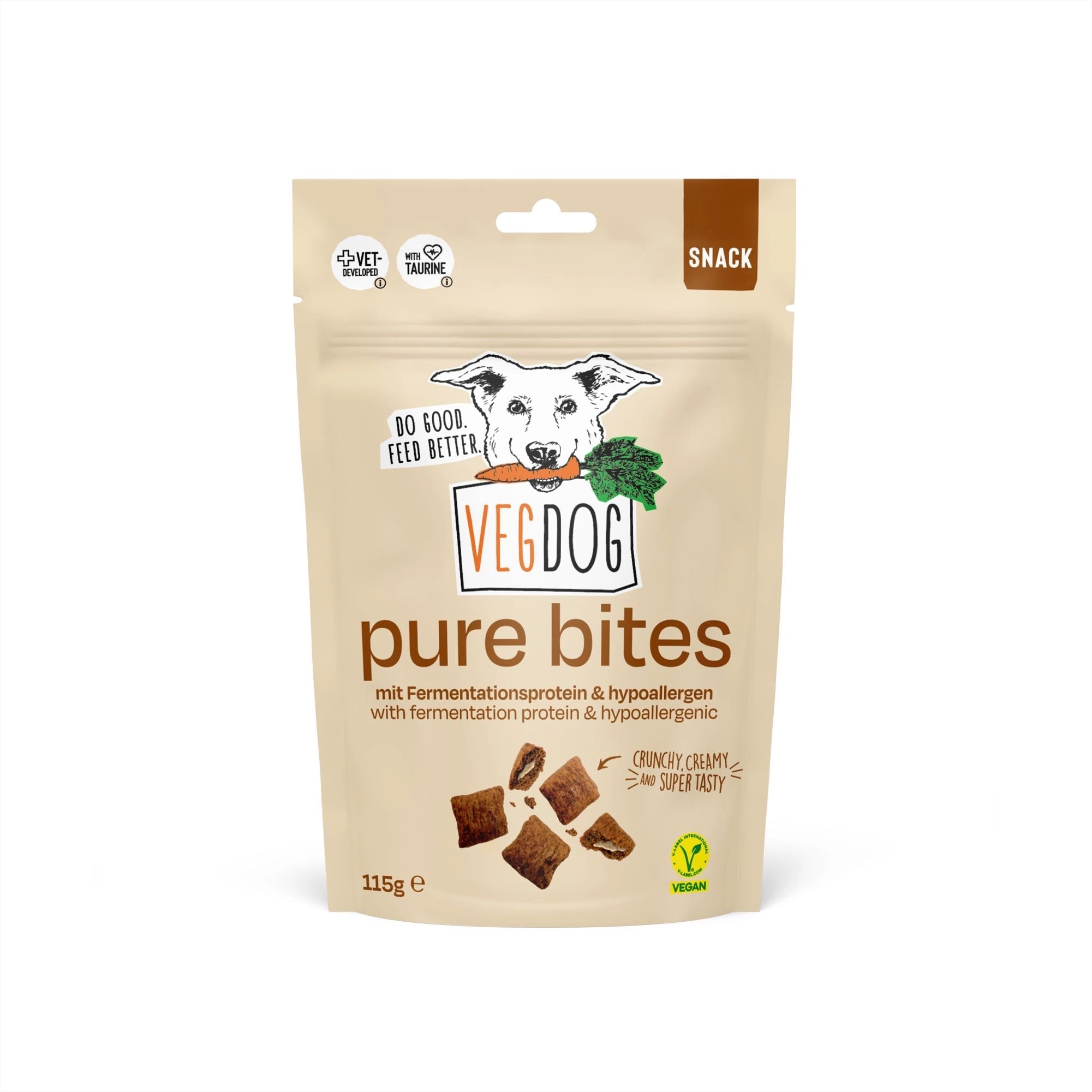 VegDog pure bites snack package on a white background
