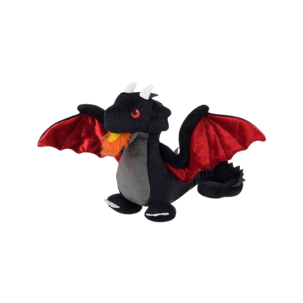Plush dragon toy with red wings on a white background