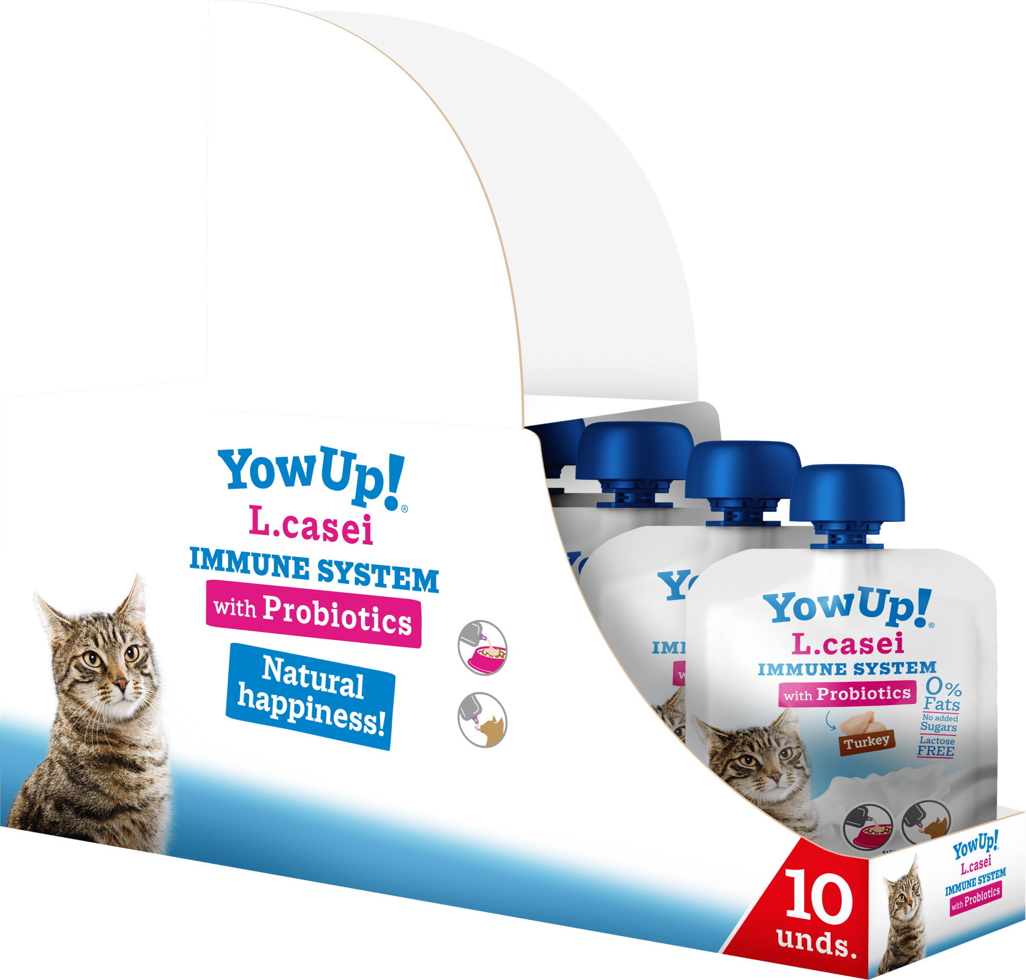 YowUp! L.casei cat food packaging with a cat on a white background