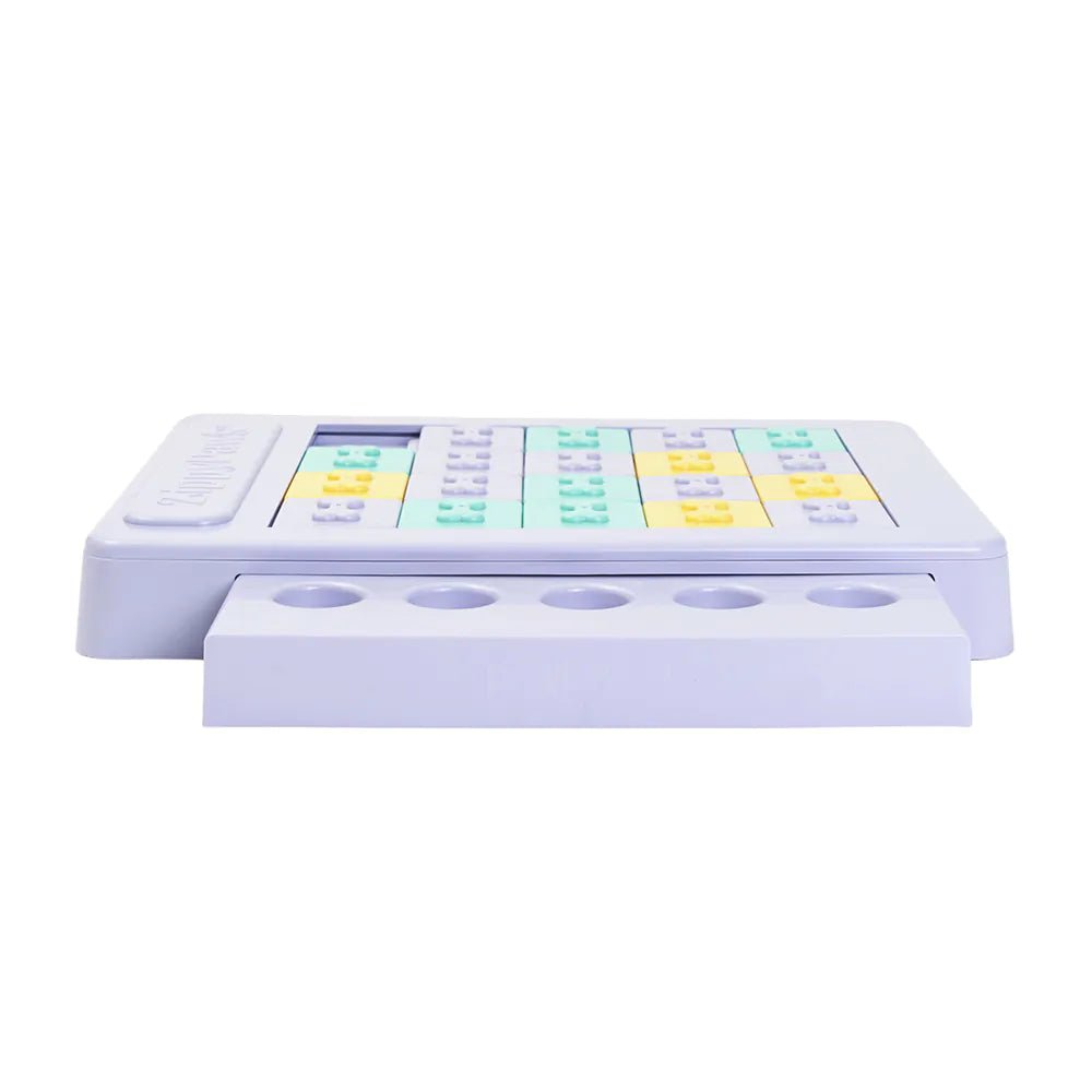 White electronic device with colorful display and buttons on a white background