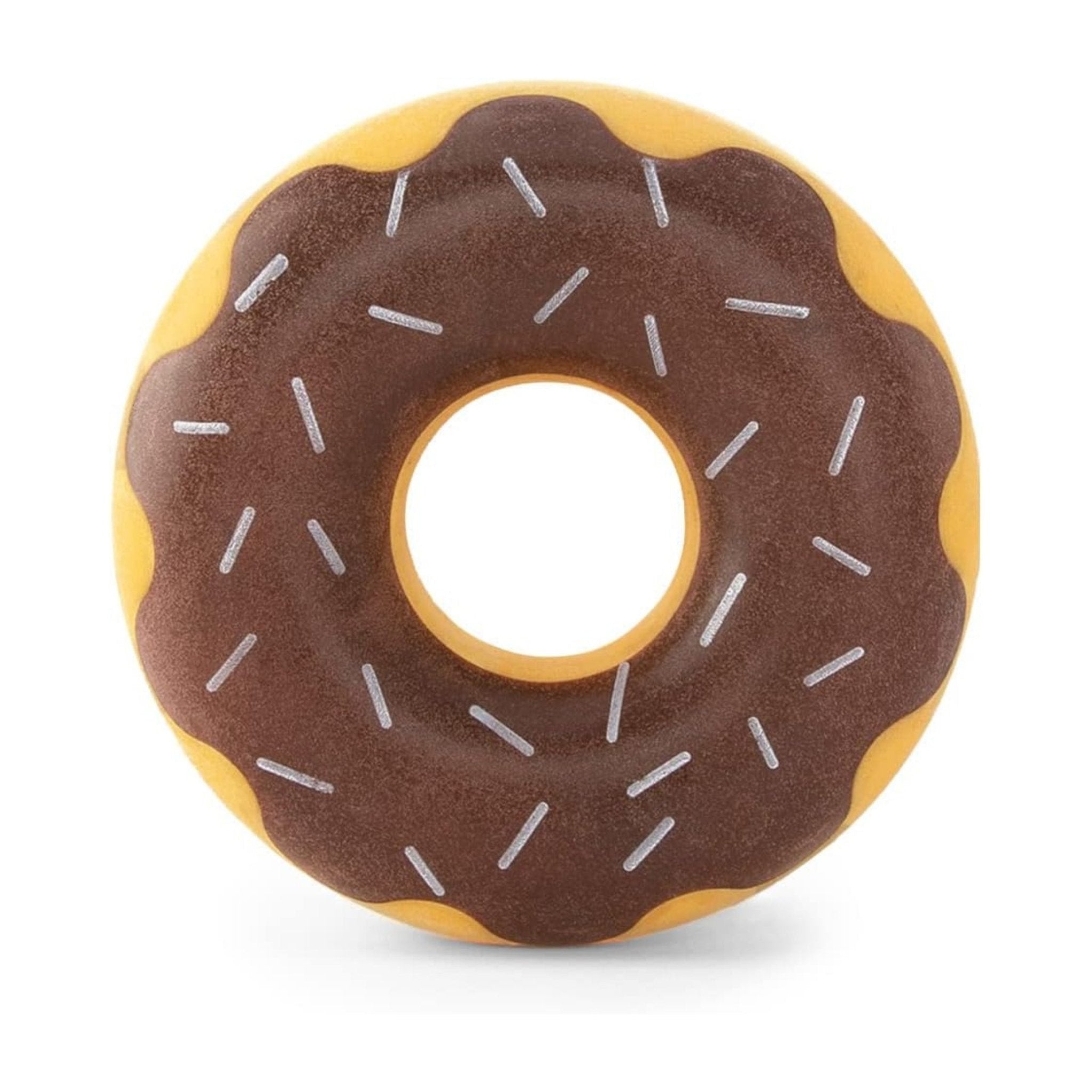 Donut-shaped object with chocolate glaze and yellow edge on a white background