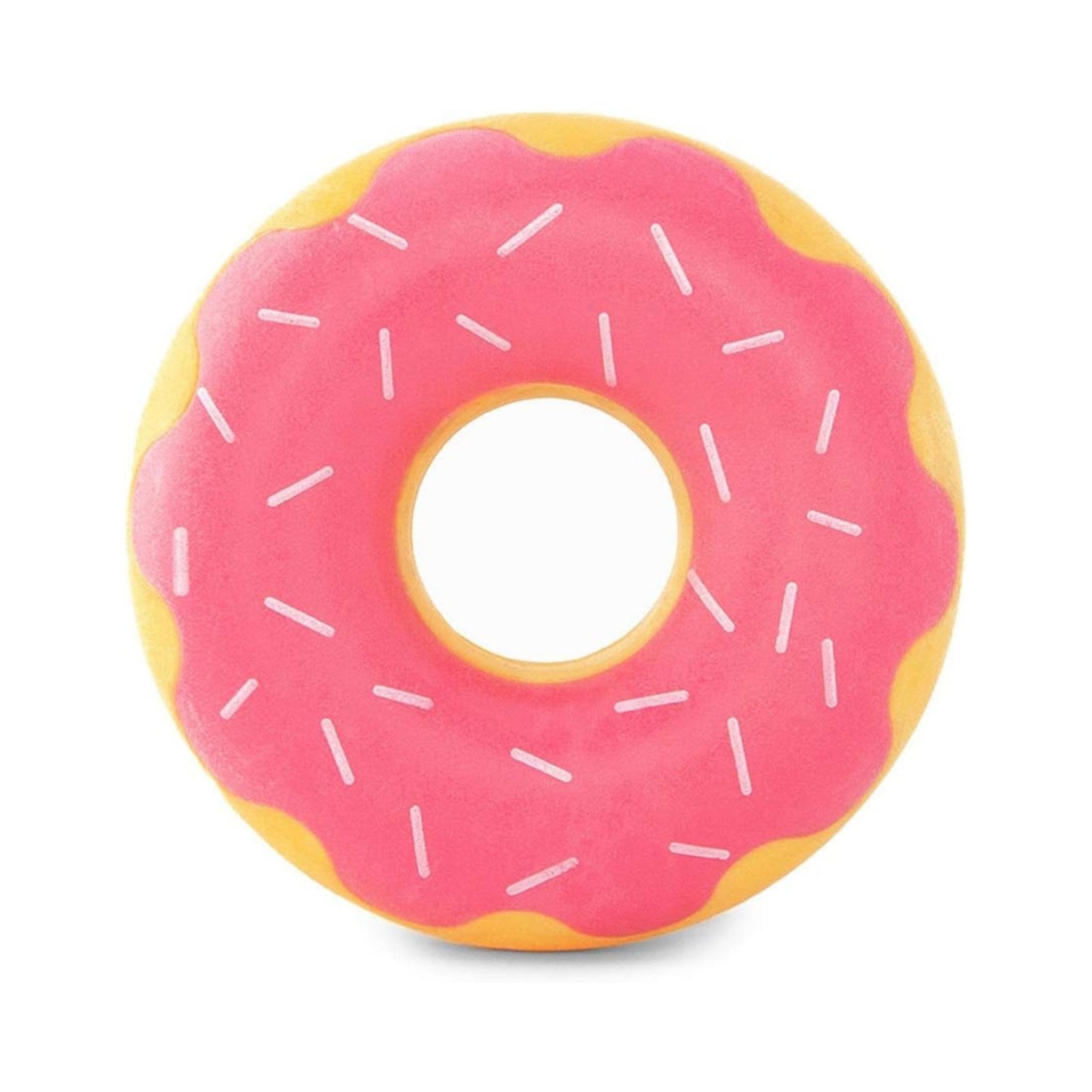 Pink donut-shaped pool float with yellow rim on a white background