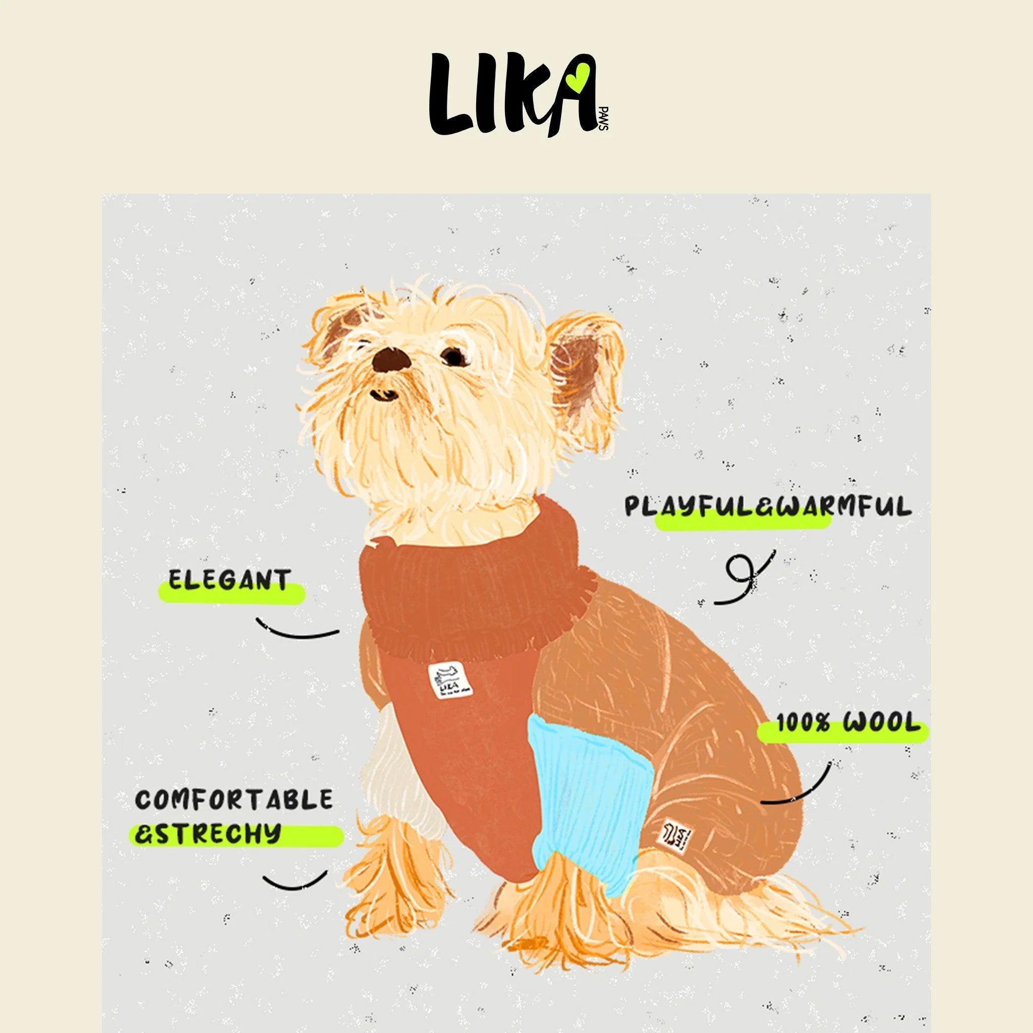 Illustration of a dog wearing a sweater with text describing features, on a light background with &