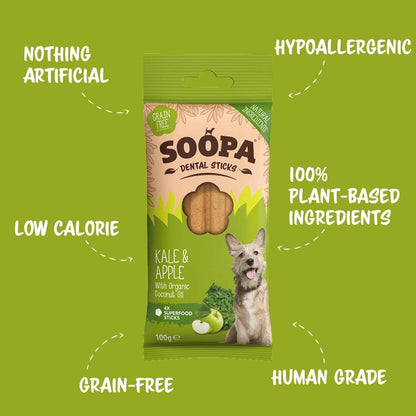 Package of Soopa Dental Sticks for dogs on a green background with product features highlighted.