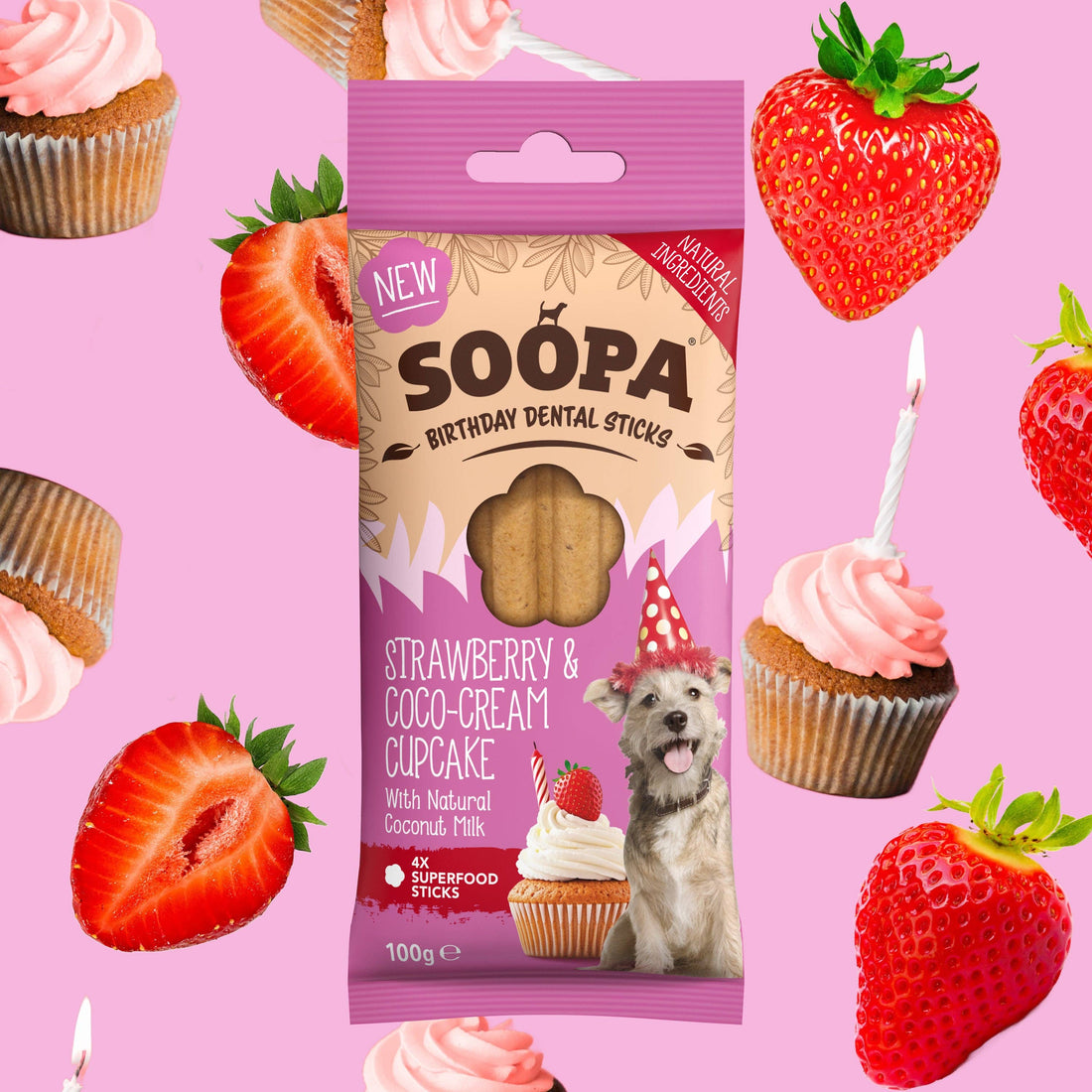 Natural Vegan Dog Dental Treat - Strawberry &amp; Coco-Cream Cupcake Sticks - Share Happy Outfits