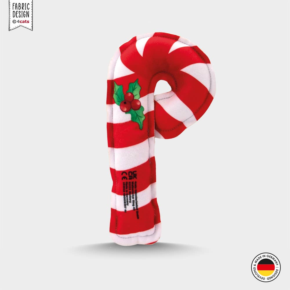 Red and white candy cane-shaped toy with holly design on a light gray background
