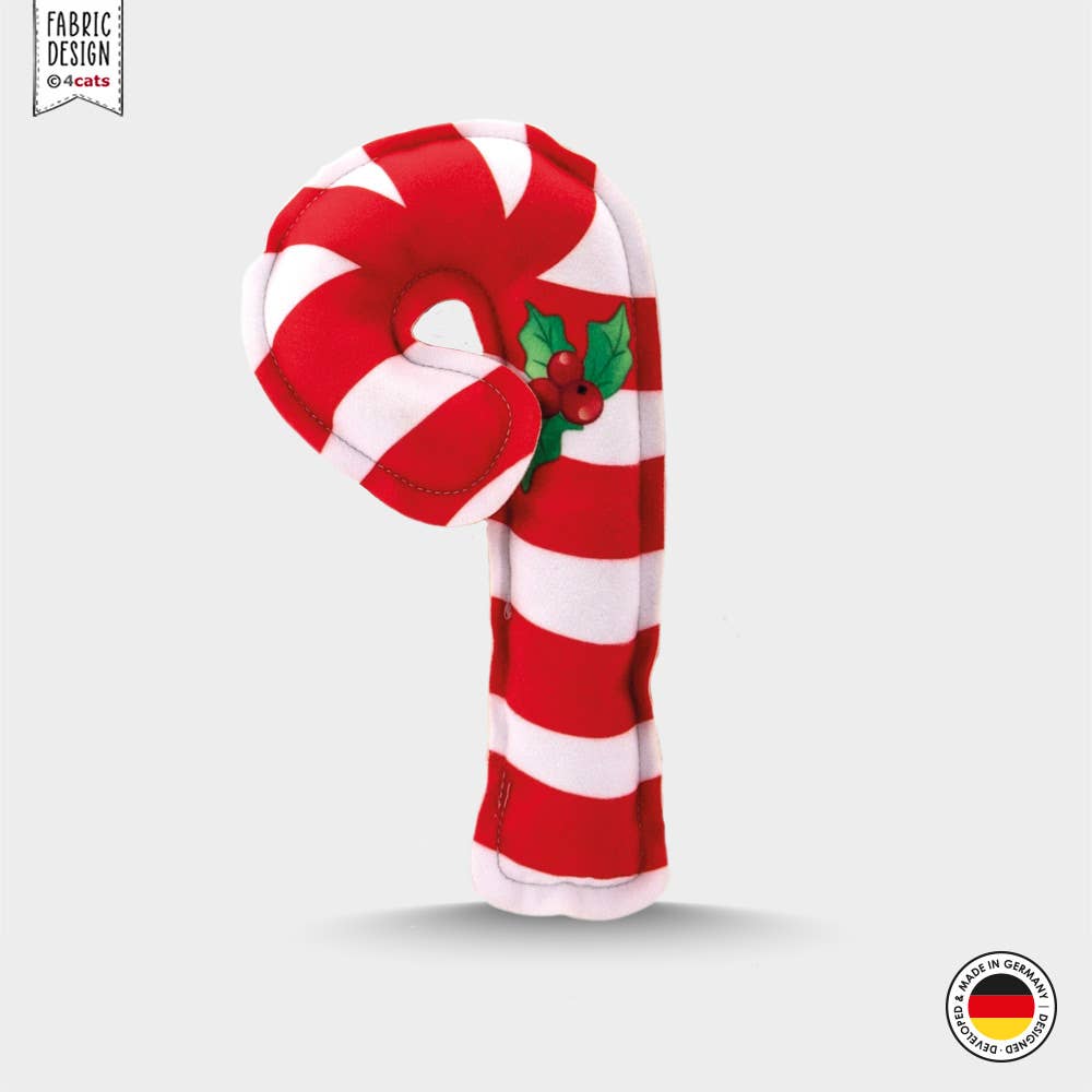 Red and white striped candy cane-shaped cat toy with holly on a light gray background