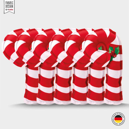 Red and white striped candy cane design on a white background