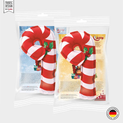 Red and white striped candy cane-shaped product packaging with holly leaves on a white background.