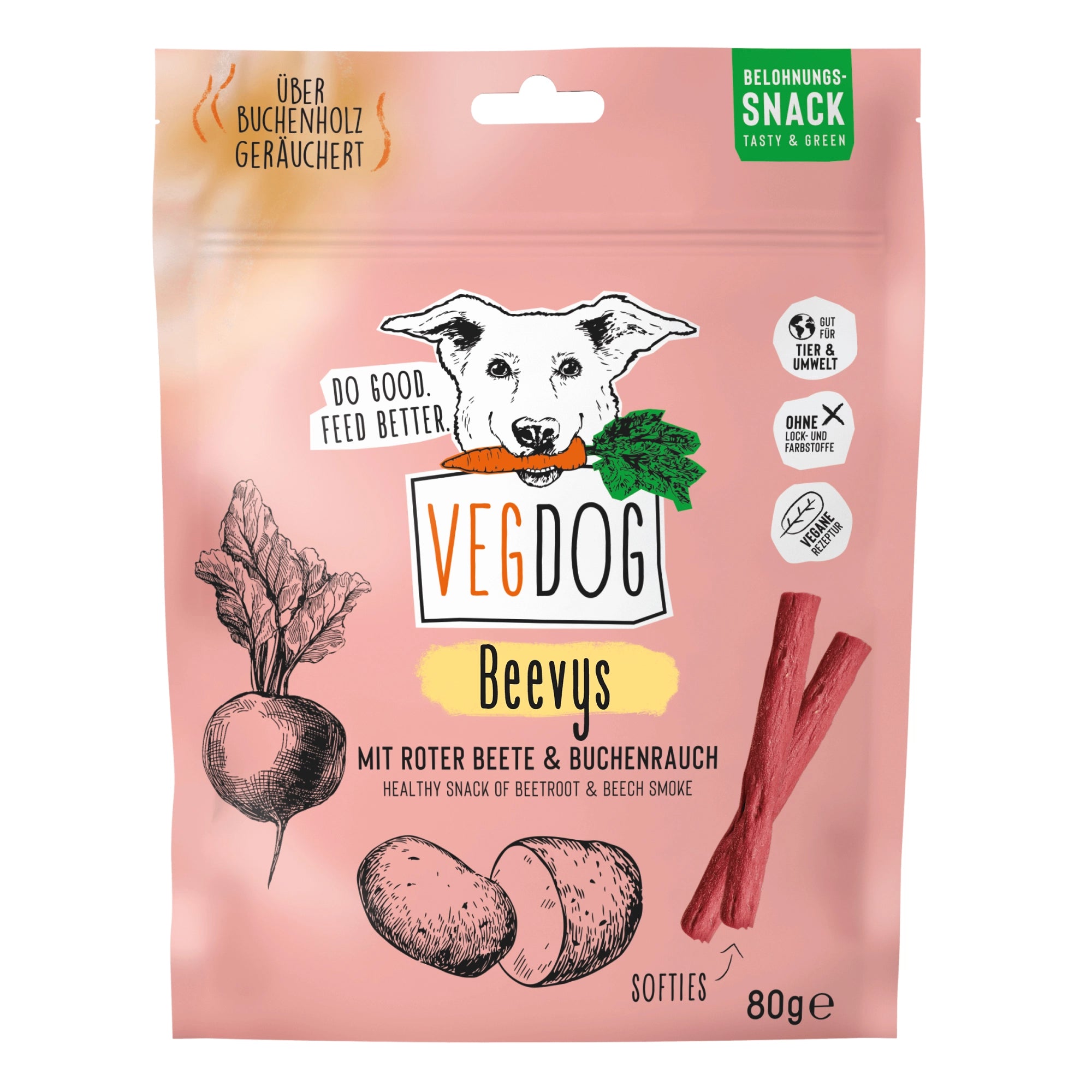 VegDog Beevus snack package with illustrations of vegetables and a dog on a pink background