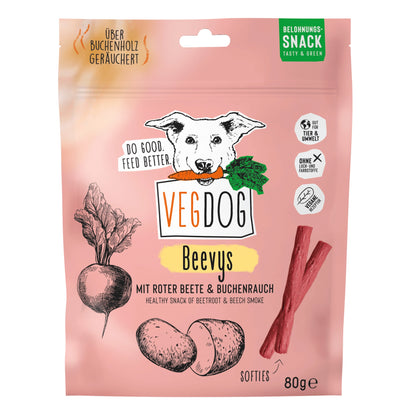 VegDog Beevus snack package with illustrations of vegetables and a dog on a pink background