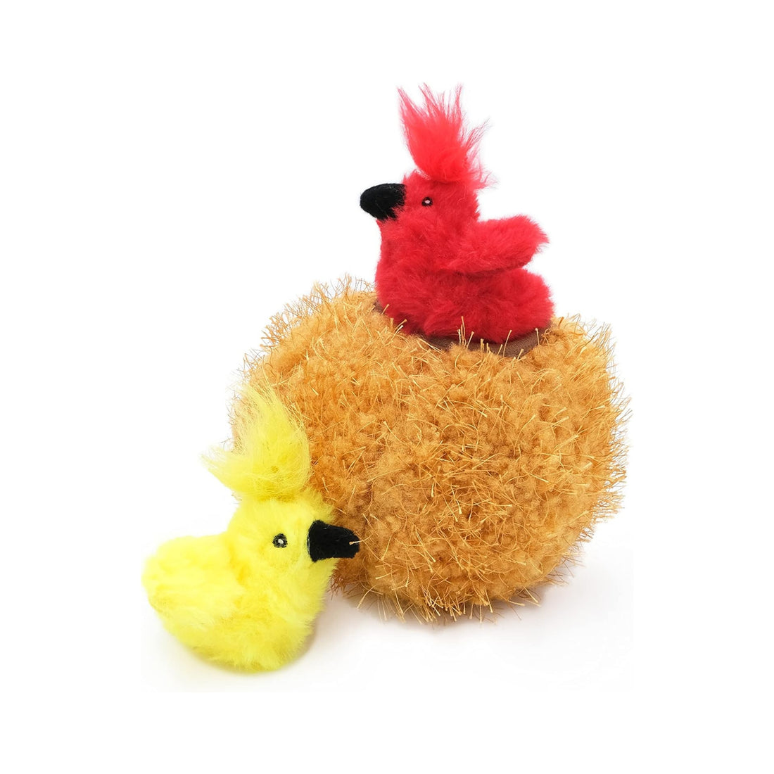 Two small plush toys, one red and one yellow, on a white background.