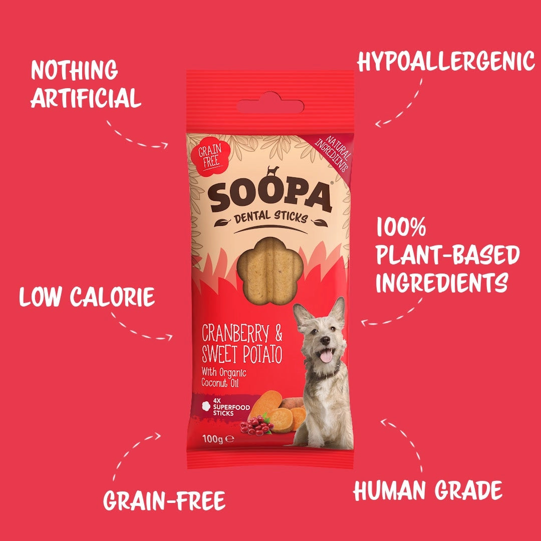 Red package of Soopa Dental Sticks for dogs on a red background with text highlighting features.