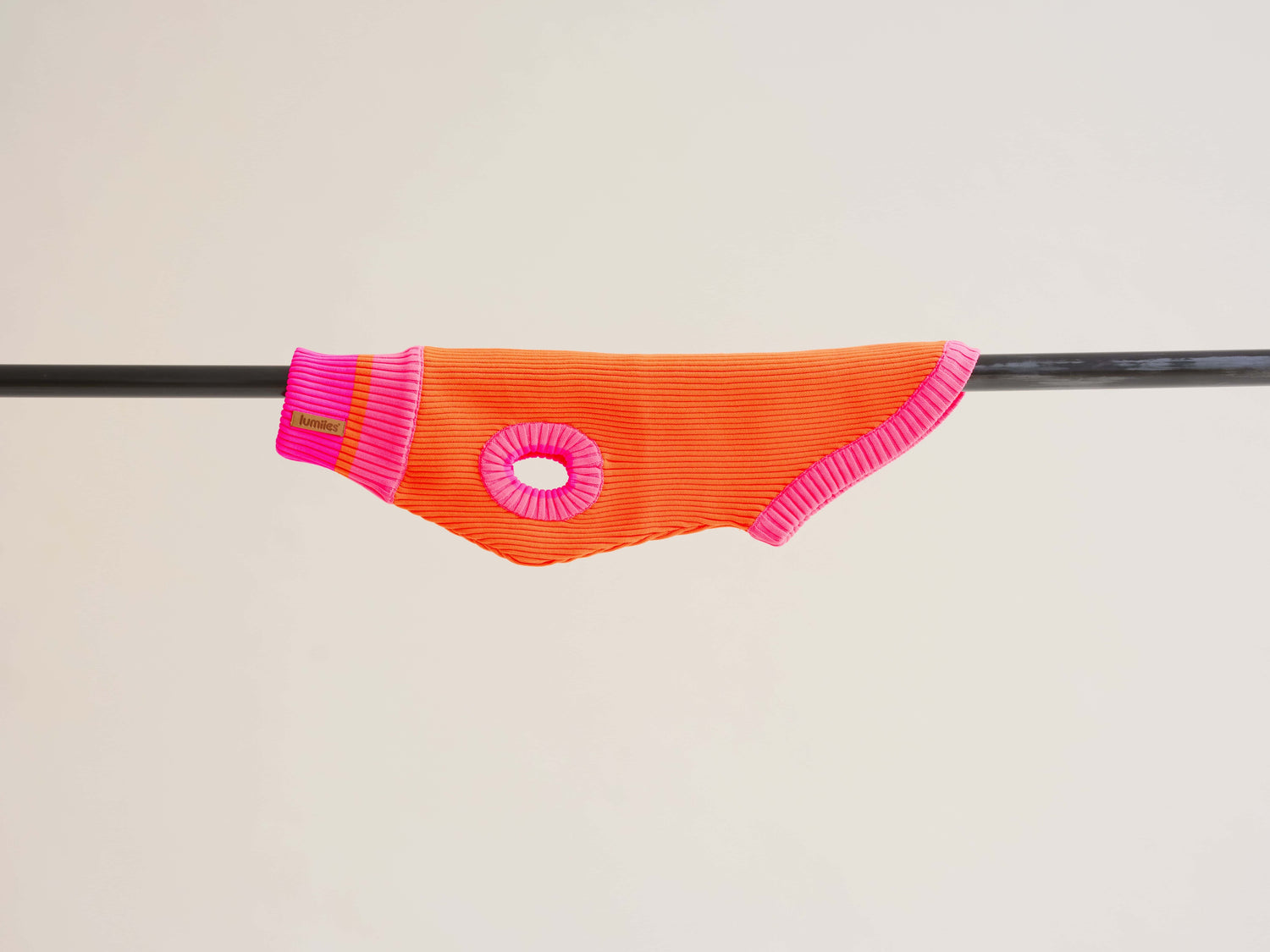 Orange and pink doggy jumper on a beige background
