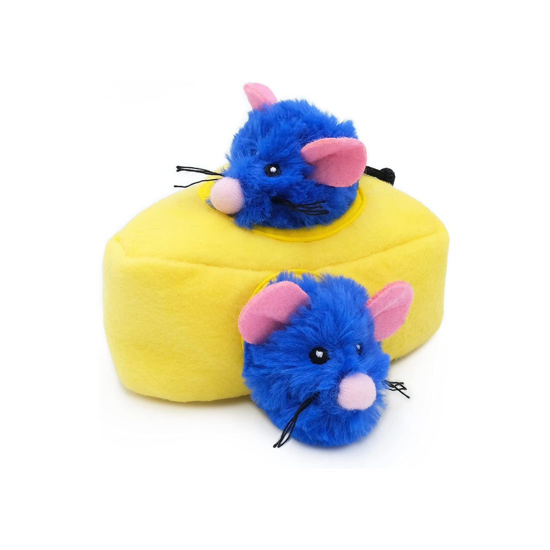 Two blue plush mice with pink ears on a yellow cushion against a white background