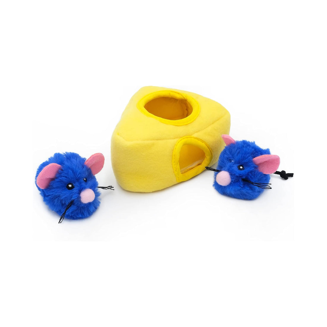 Yellow cat toy with two blue mice on a white background