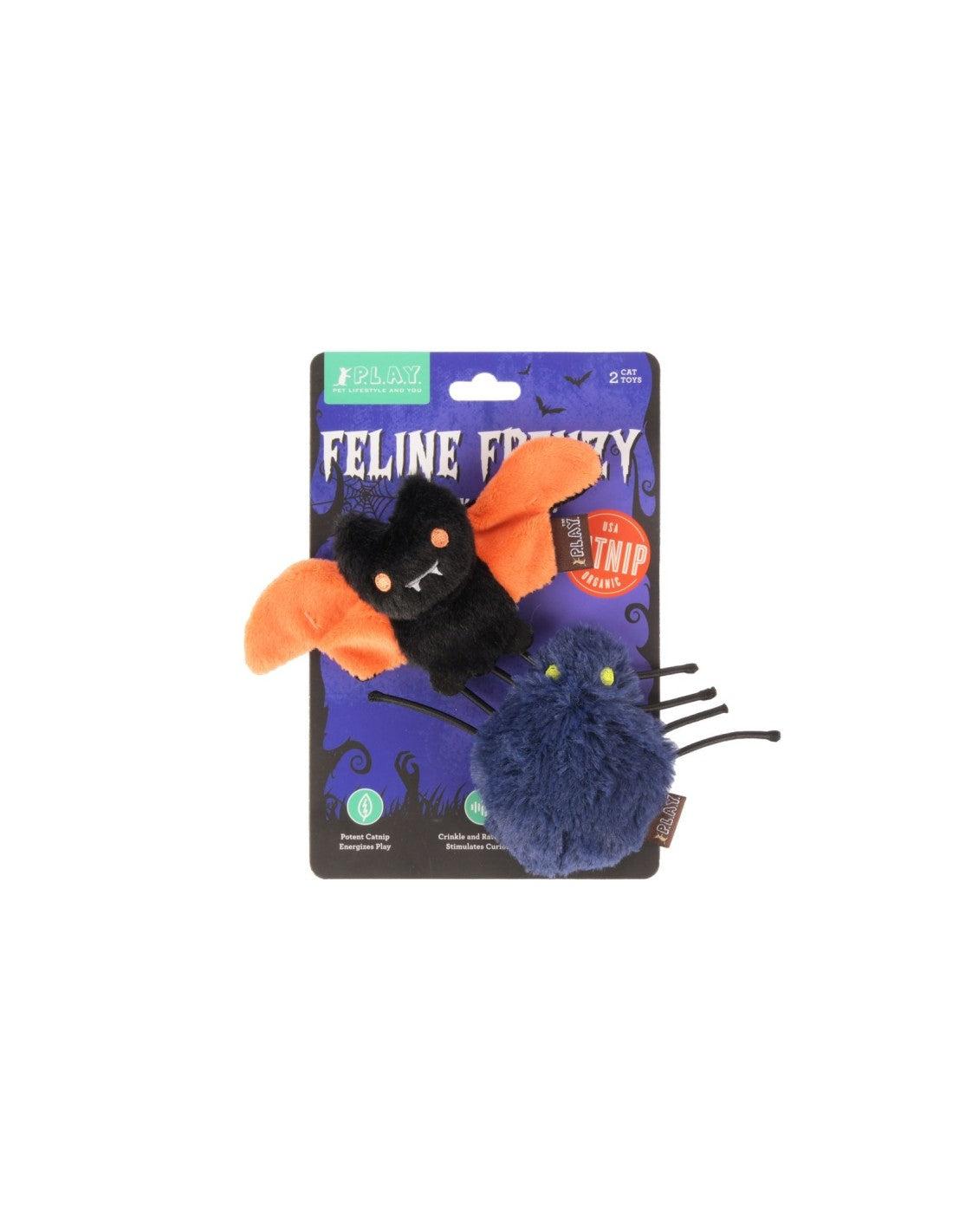 A packaged pet toy set on a white background. The set includes a black plush bat with orange wings and a blue fuzzy spider with black legs, attached to a purple retail card labeled &