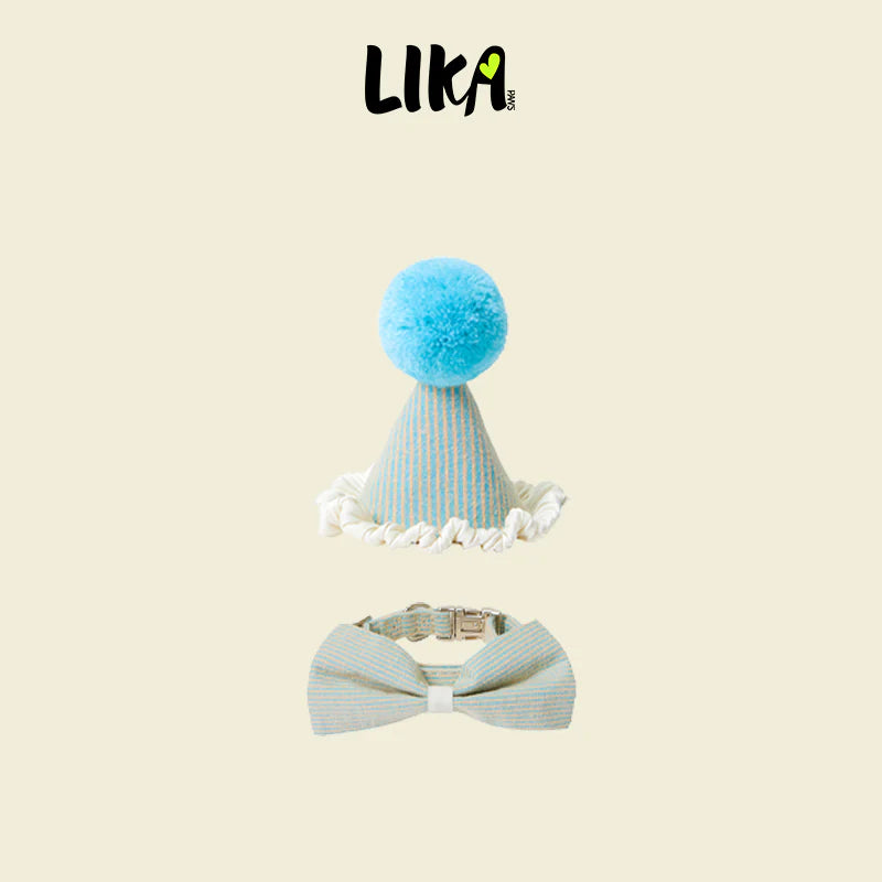 Birthday Celebration Set – Adjustable Collar, Velvet Bow &amp; Pom-Pom Hat