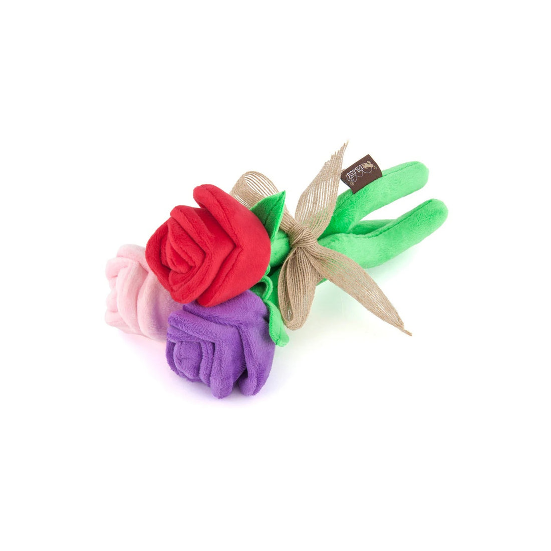 Colorful flower-shaped dog toy with a brand tag on a white background