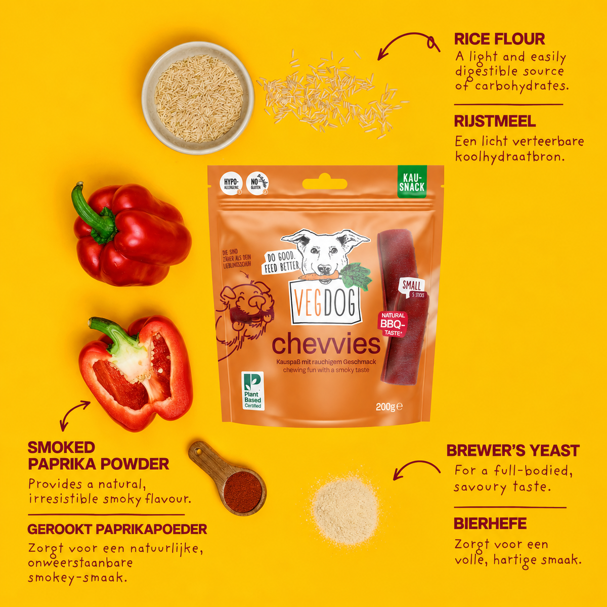 VEGDOG Chevvies Small - Vegan BBQ Dog Chews with Smoked Paprika
