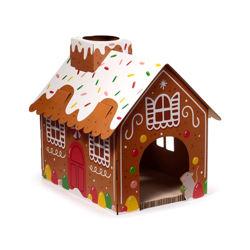 Kerst Gingerbread Lane Kattenhuis – Kartonnen Kattenhuis met Krabmat
