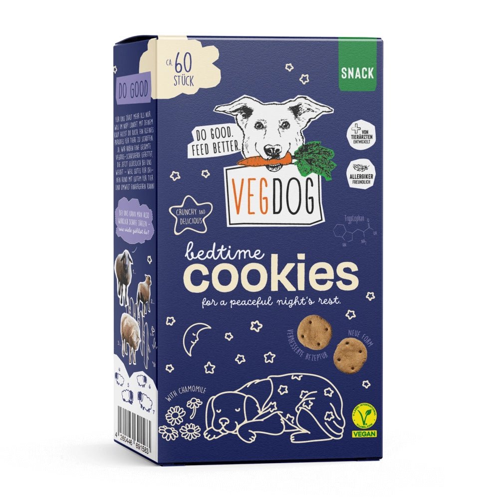 Box of VegDog bedtime cookies for dogs on a white background