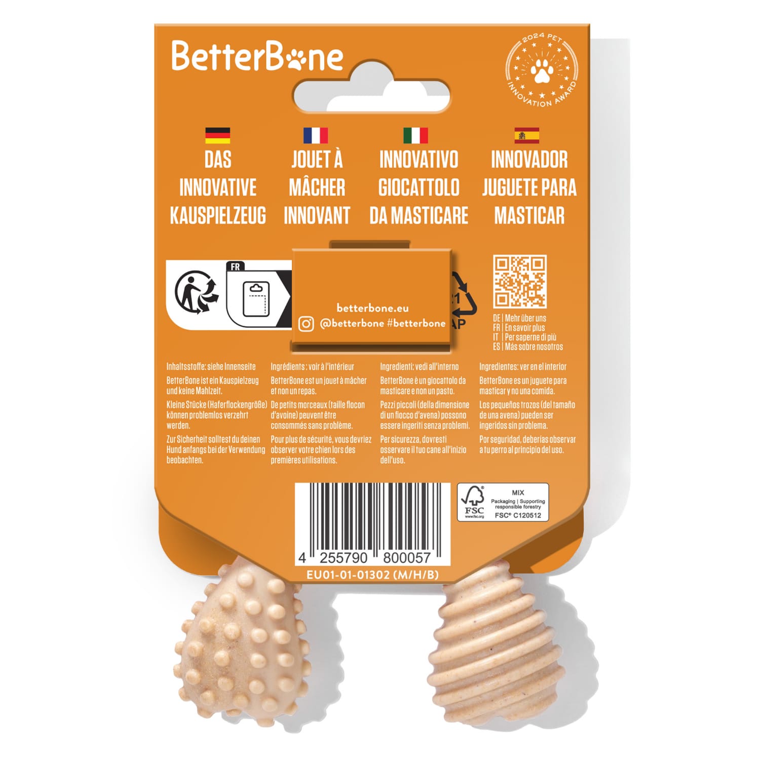 BetterBone dog chew toy packaging with text and QR code on an orange background