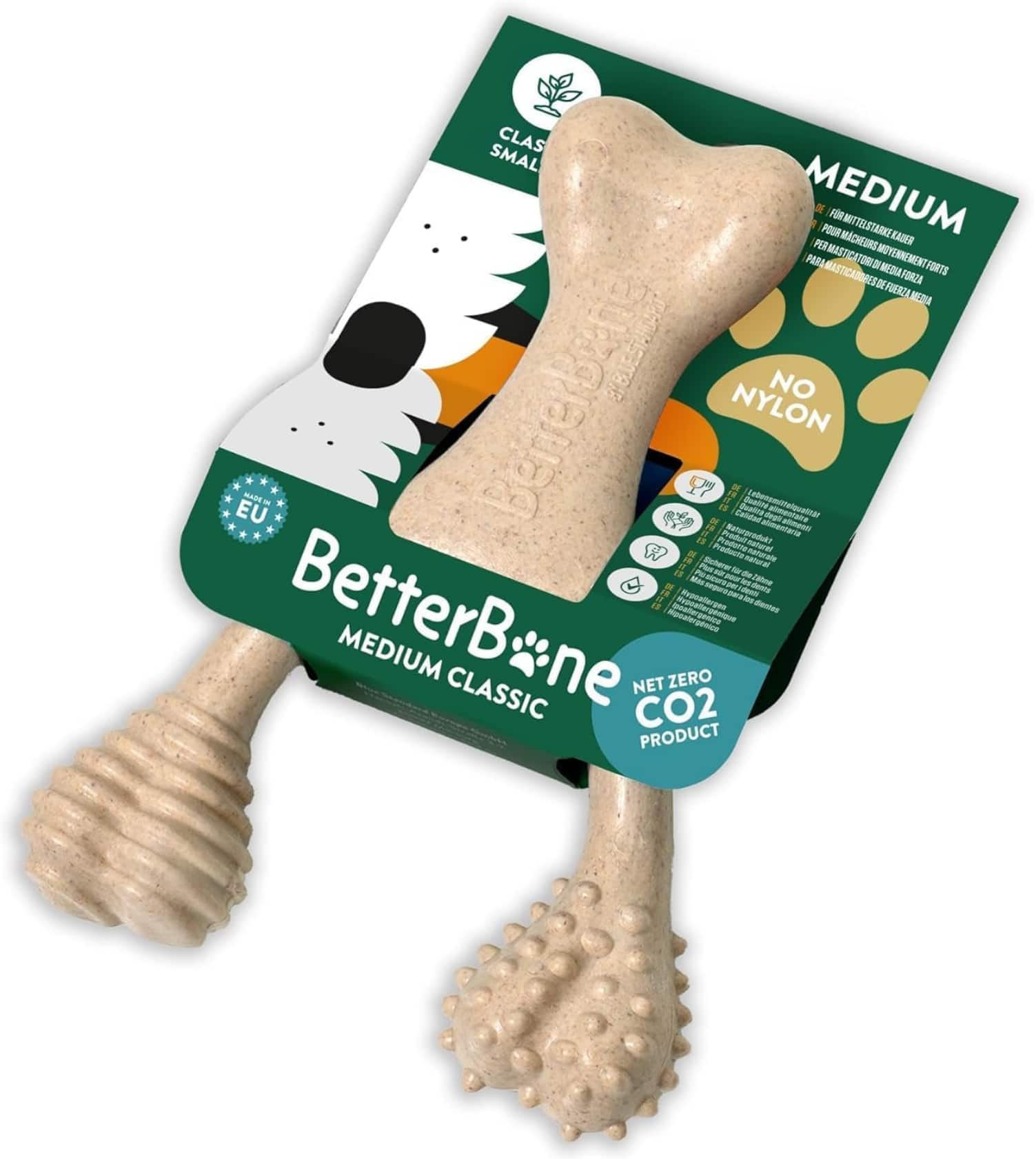 Dog bone toy with packaging labeled &