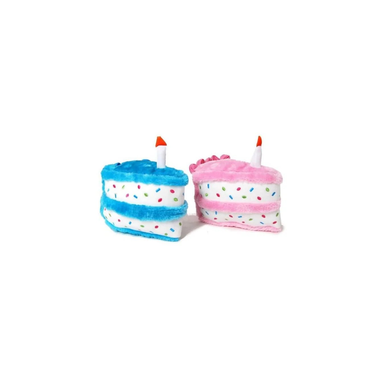 Two plush birthday cake toys, one blue and one pink, on a white background.