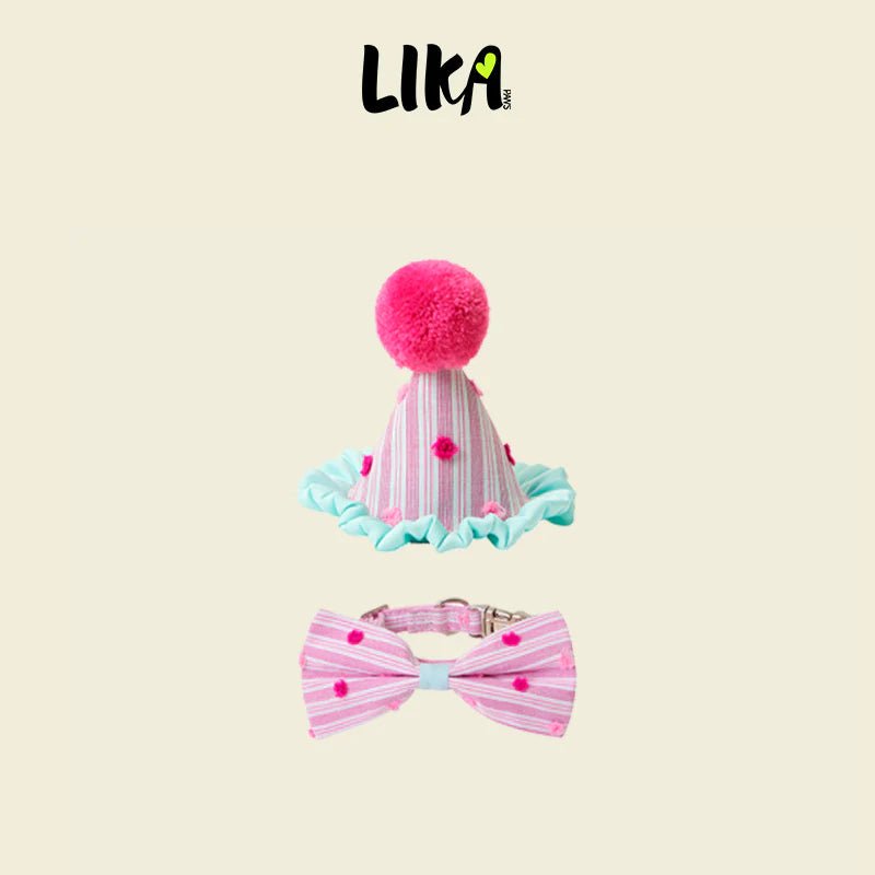 Birthday Celebration Set – Adjustable Collar, Velvet Bow &amp; Pom-Pom Hat - Share Happy Outfits