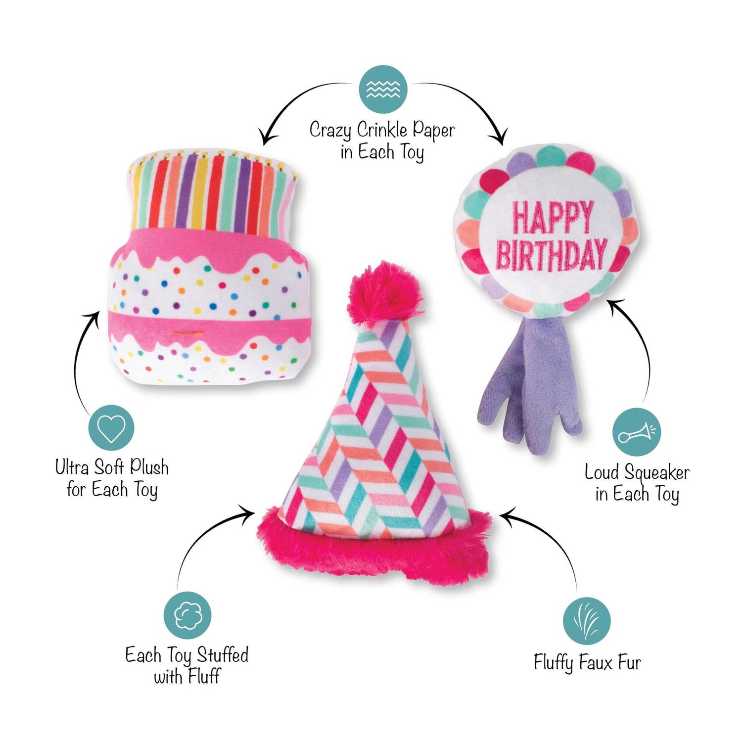 Dog toys with features highlighted on a white background