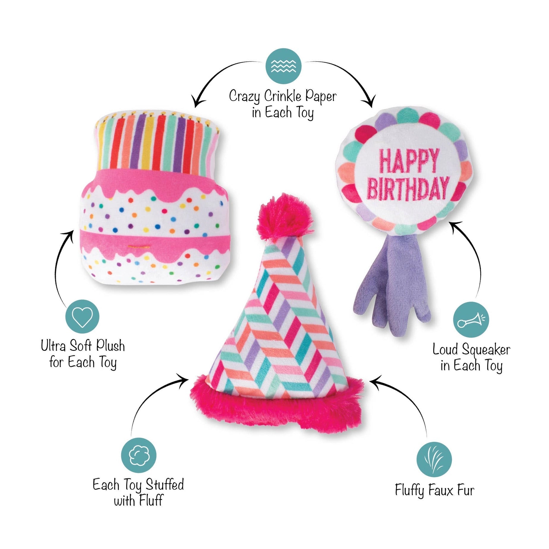Dog toys with features highlighted on a white background