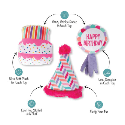 Dog toys with features highlighted on a white background