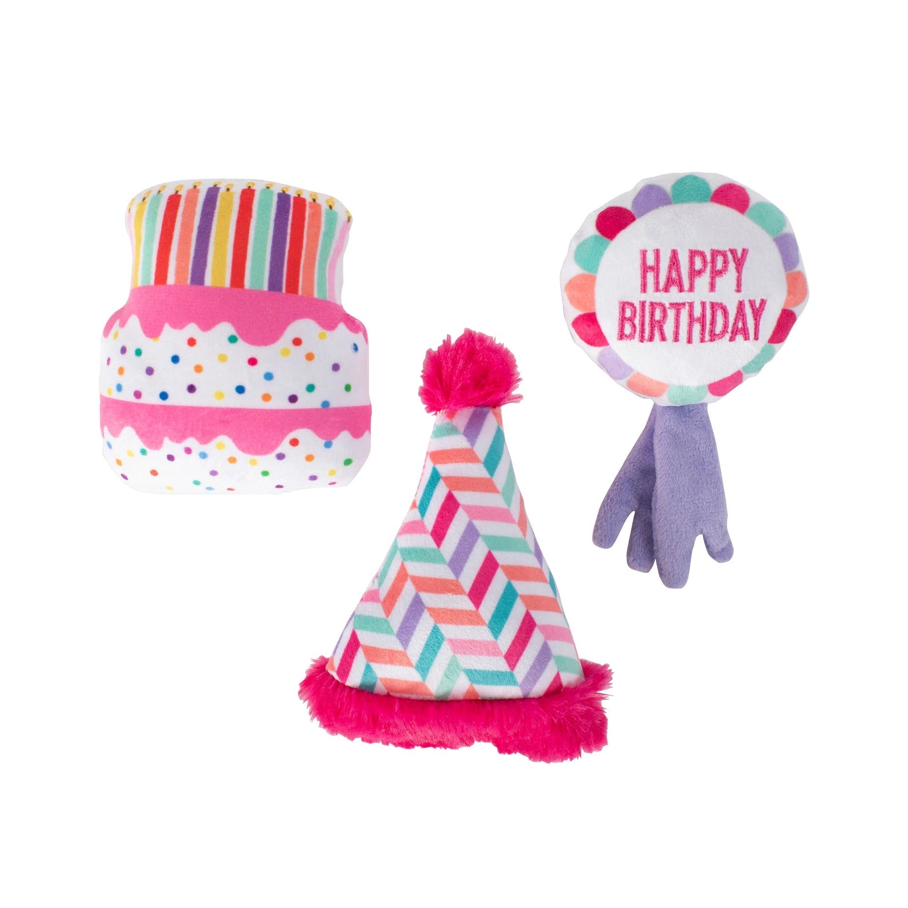 Colorful birthday-themed pet accessories including a hat, cake-shaped toy, and &