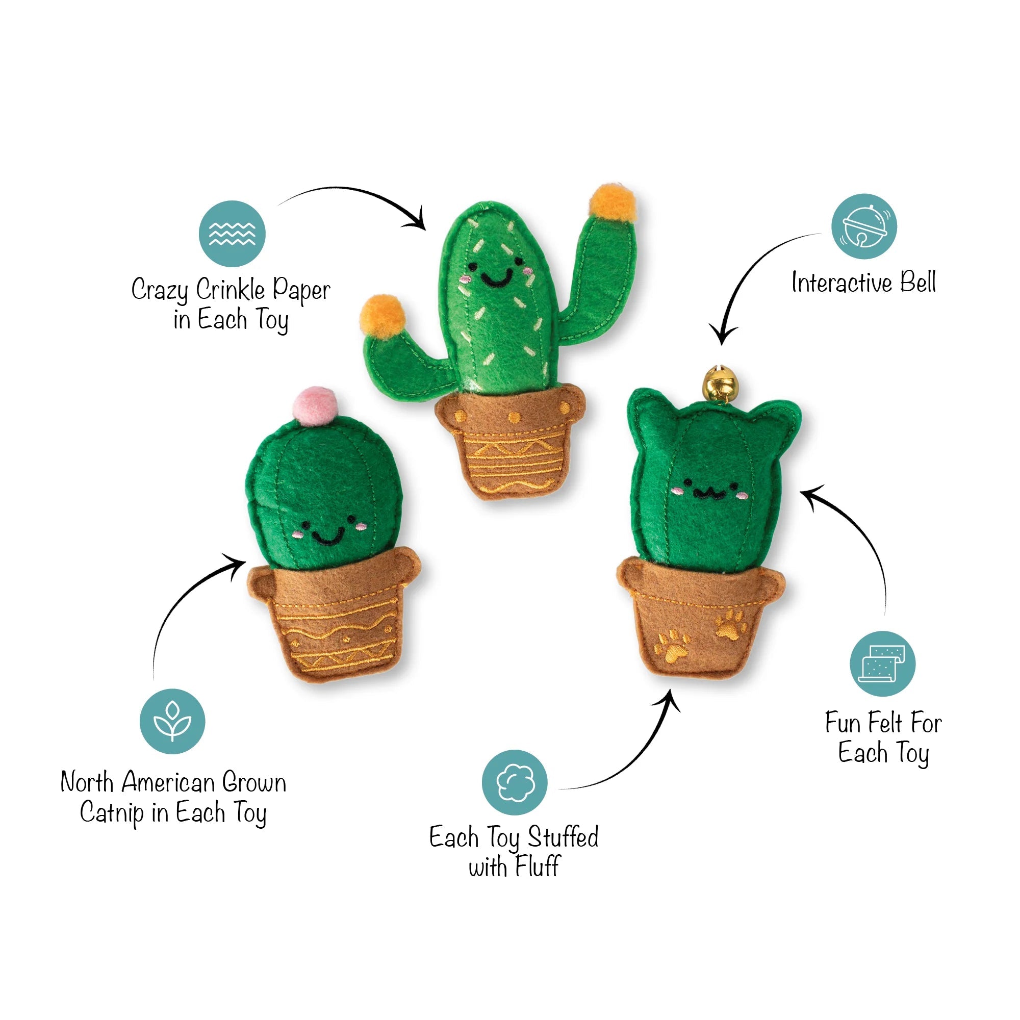 Cat-Us Friends Catnip Toy Set - Fun Cacti Crinkle, Bell and Catnip - Share Happy Outfits