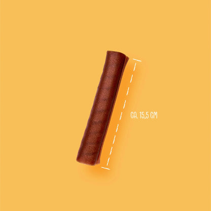 Brown cylindrical object on a yellow background with measurement text