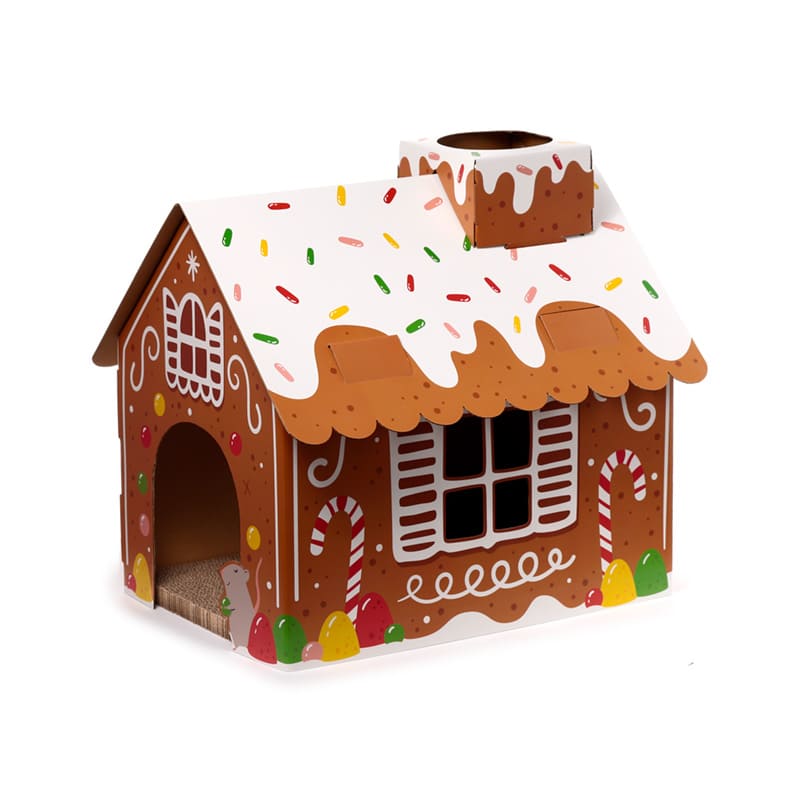 Christmas Gingerbread Lane Cat Playhouse – Cardboard Cat Den with Scratch Mat - Share Happy Outfits