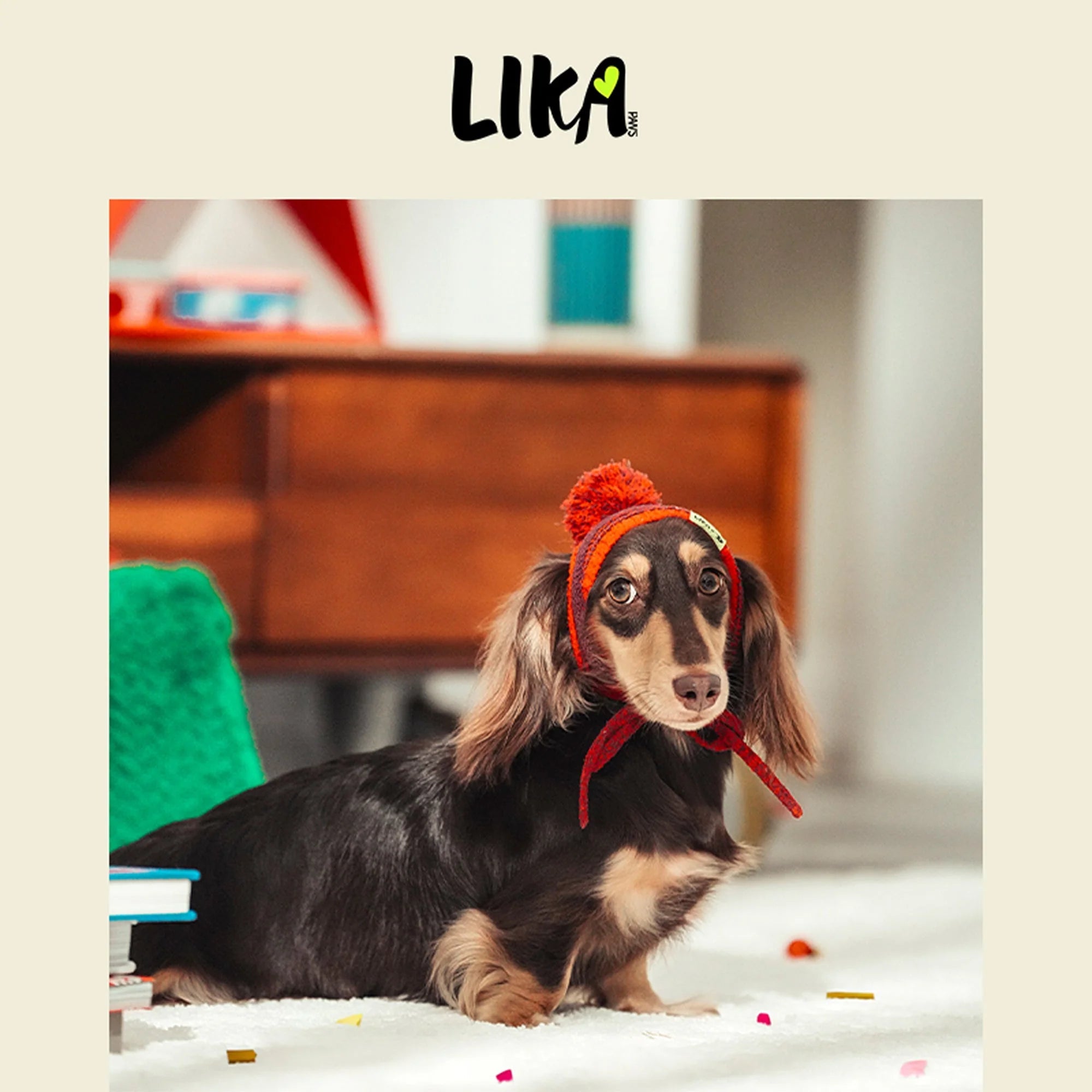 Dog wearing a red hat with a pom-pom, sitting on a white surface with a blurred background.