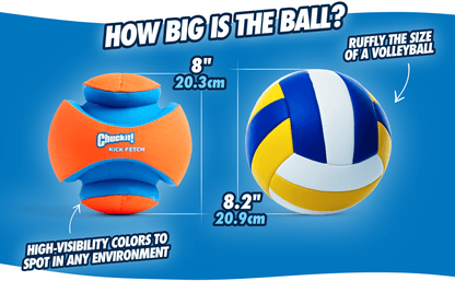 Comparison of Chuckit! ball size to a volleyball with measurements on a blue background.