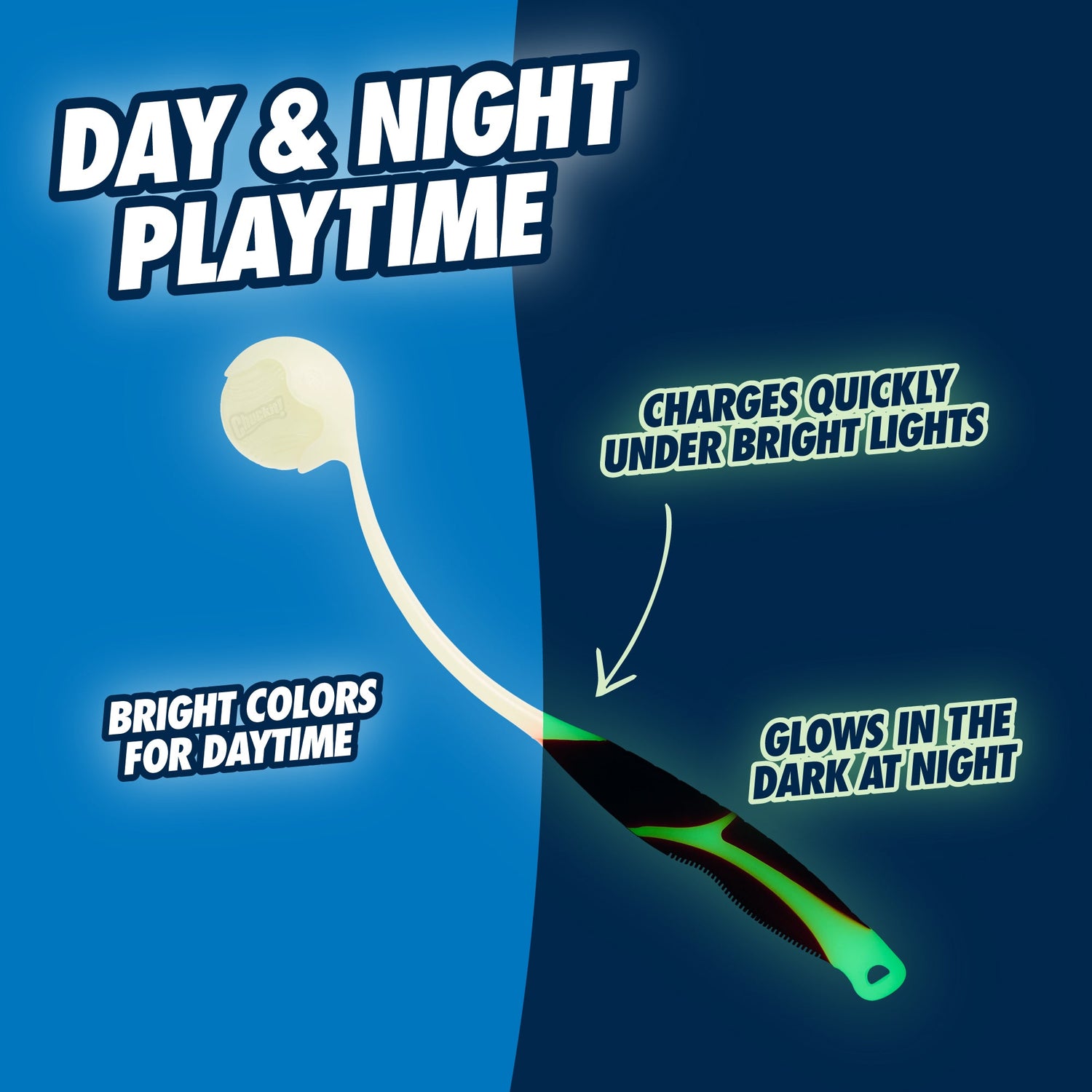 Glow stick with text highlighting its features on a blue and dark blue gradient background