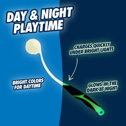 Glow stick with text highlighting its features on a blue and dark blue gradient background