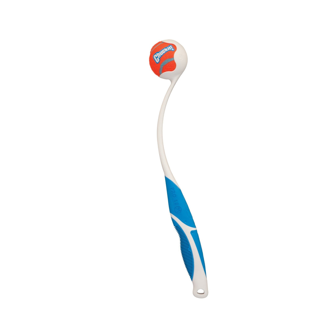 White and blue toy with a red and white ball on a white background