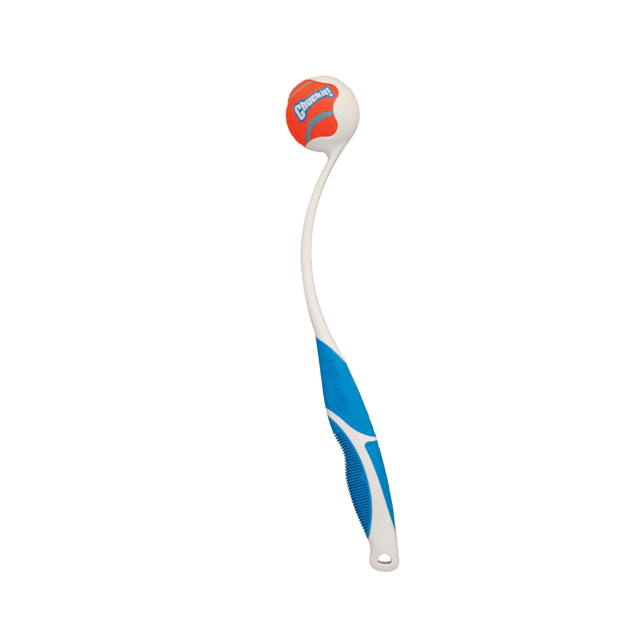 White and blue toy with a red and white ball on a white background