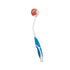 White and blue toy with a red and white ball on a white background