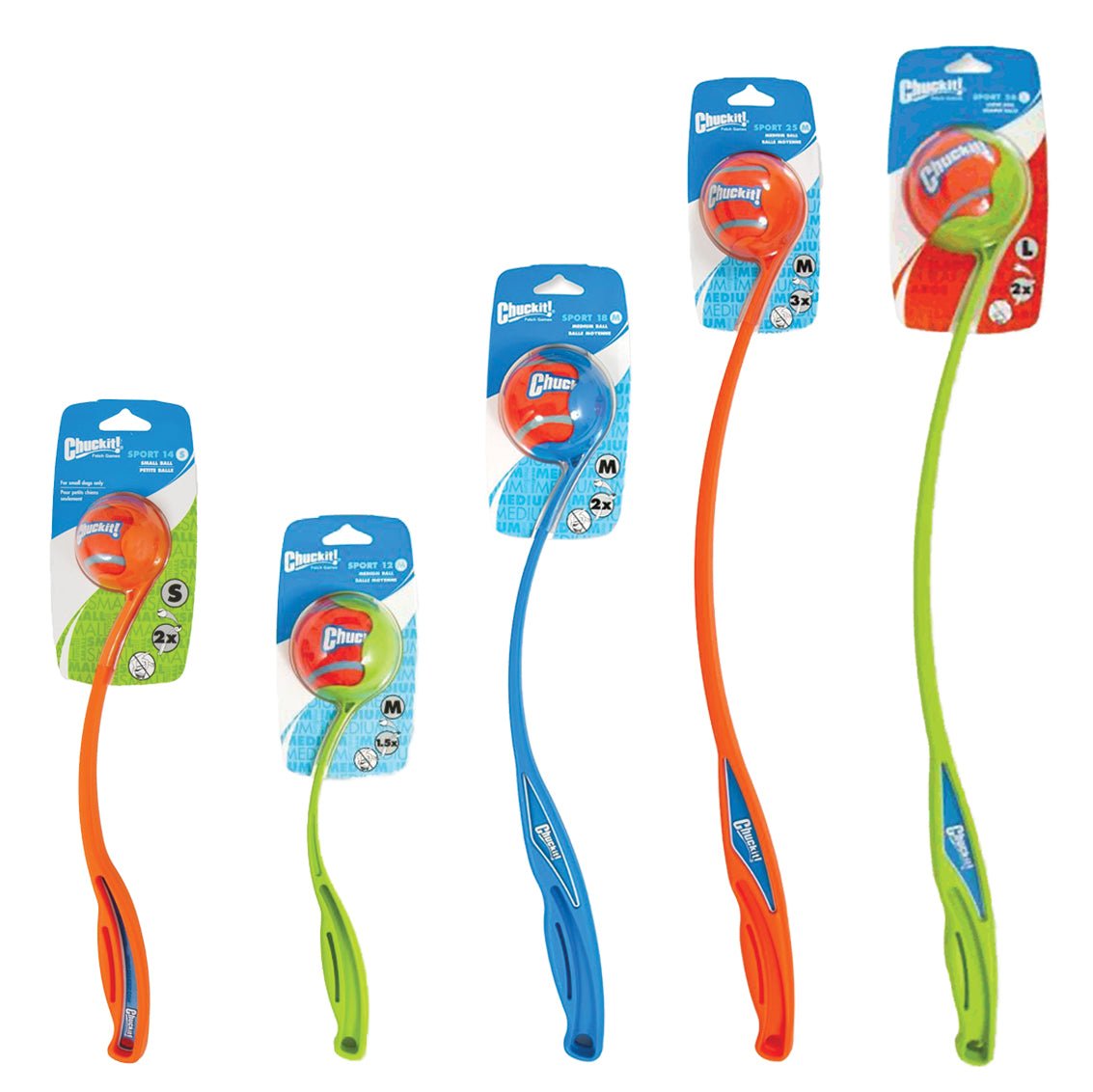 Set of three colorful dog toys with handles, each in a different color packaging.