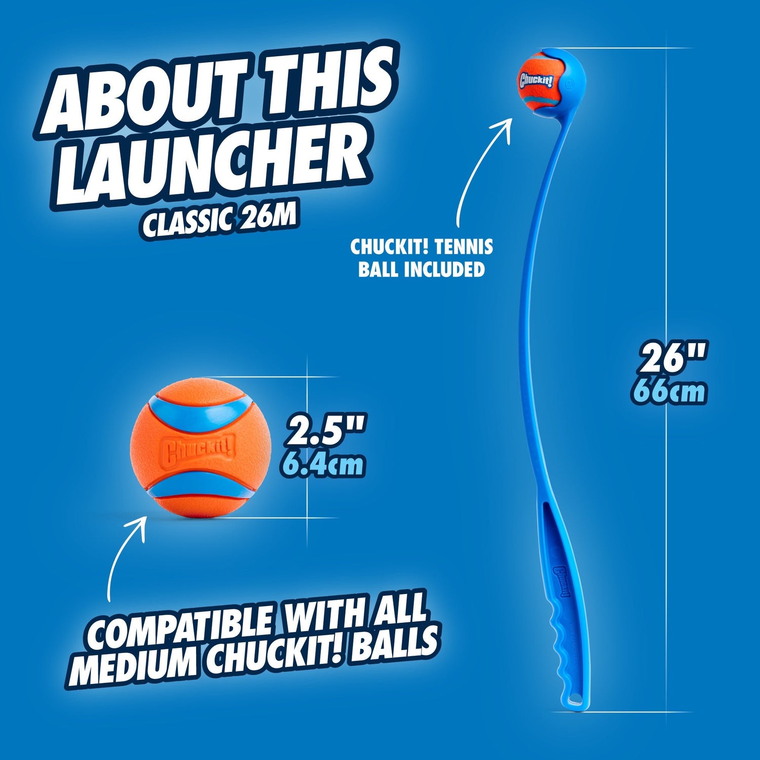 Chuckit! tennis ball launcher with dimensions and compatibility information on a blue background