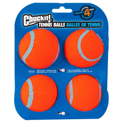 Pack of four orange tennis balls with gray strings on a blue packaging, featuring the Chuckit! brand.