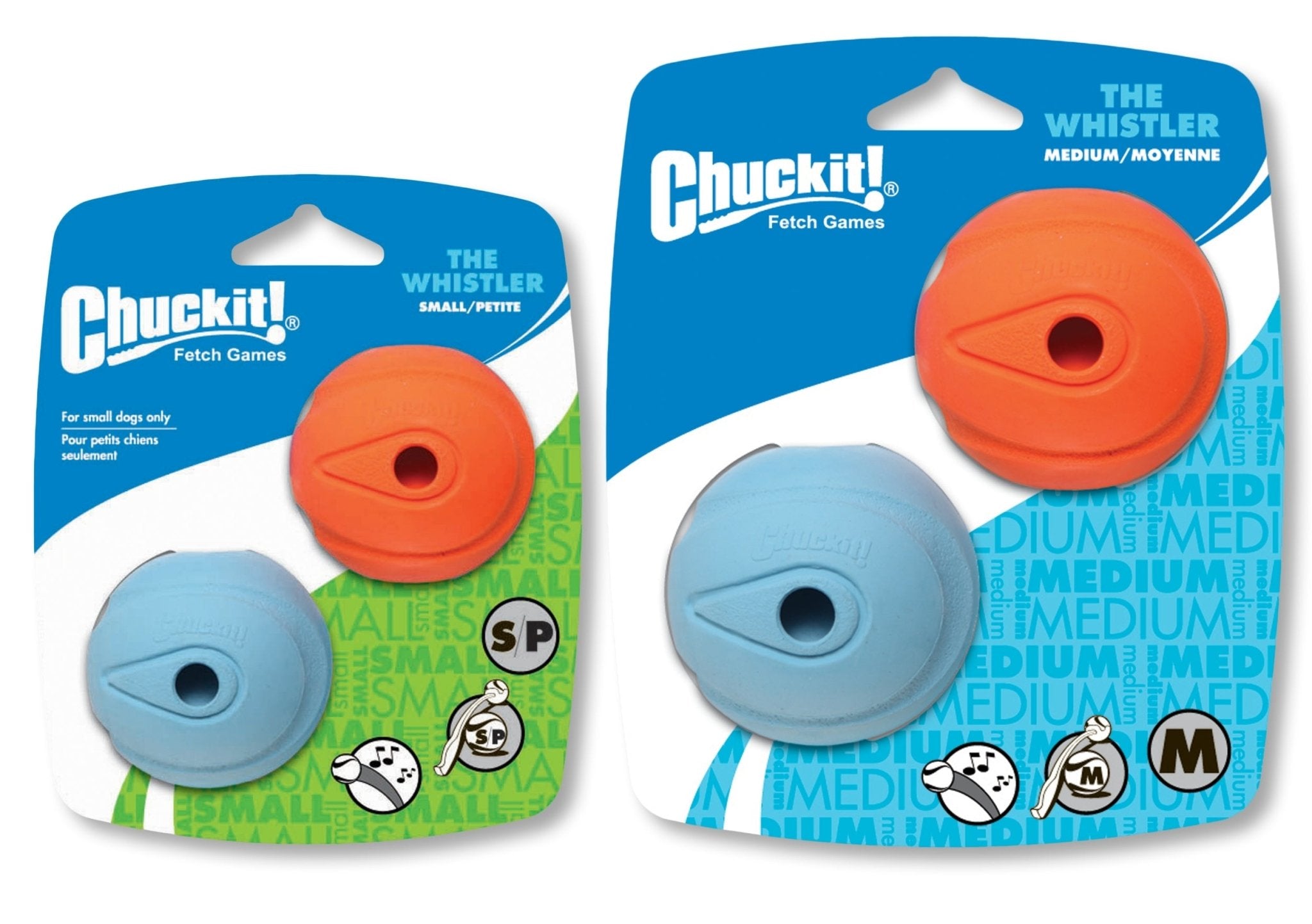 Two packages of Chuckit! The Whistler dog toys, one blue and one orange, on a white background.