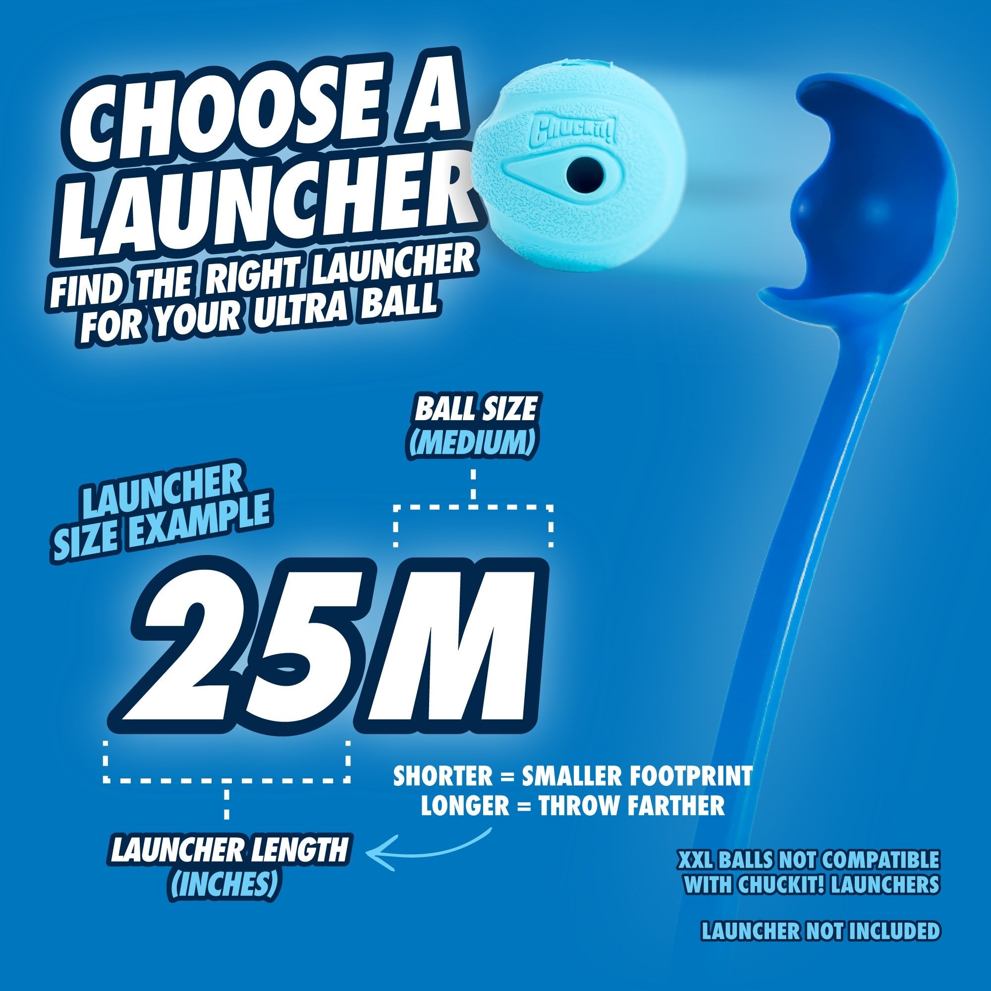 Blue launcher with ultra ball on a blue background, featuring text on launcher and ball compatibility.